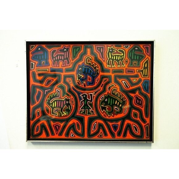 Vintage 1971 Mola Needle Art Work People Animals Panama Kuna Indian Native Craft - Picture 1 of 10